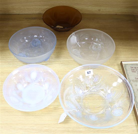 Five Jobling or Sowerby pressed glass bowls, diameter 27cm